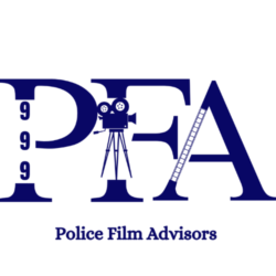 Logo for Police Film Advisors Image had letters PFA the P is made up of 999, the F is made up using a film camera and A is made using film tape.